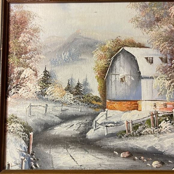 Vintage Winter Barn Landscape Painting, 12x14 - Picture 8 of 8